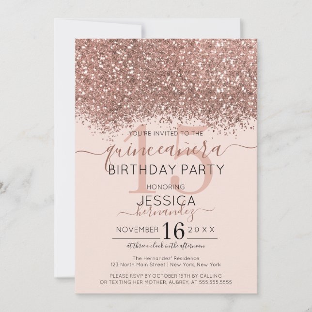 Chic Rose Gold Pink Glitter Confetti Quinceañera Invitation (Front)