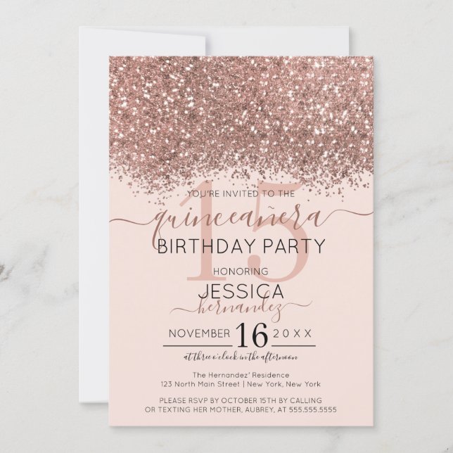 Chic Rose Gold Pink Glitter Confetti Quinceañera Invitation (Front)