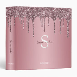 Chic Rose Gold Pink Glitter Drips Monogram Name 3 Ring Binder