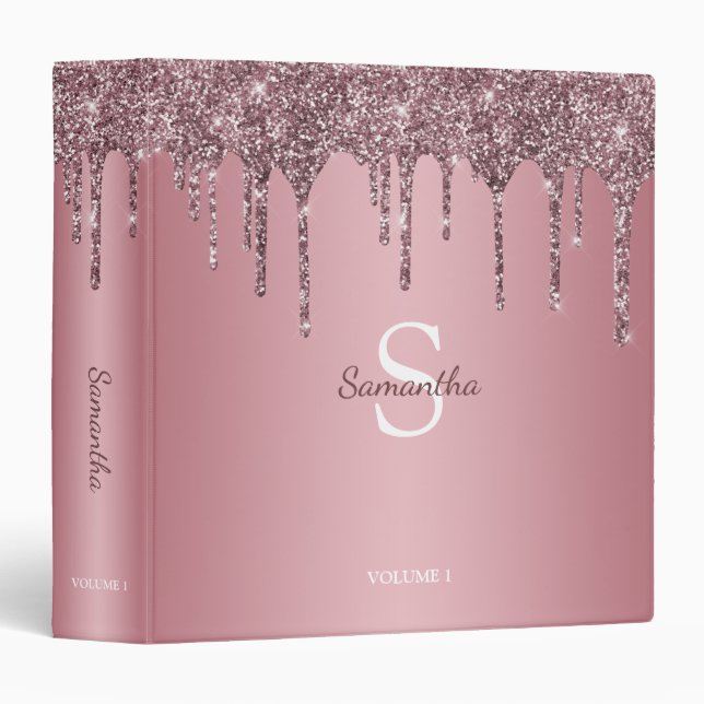 Chic Rose Gold Pink Glitter Drips Monogram Name 3 Ring Binder (Front/Spine)