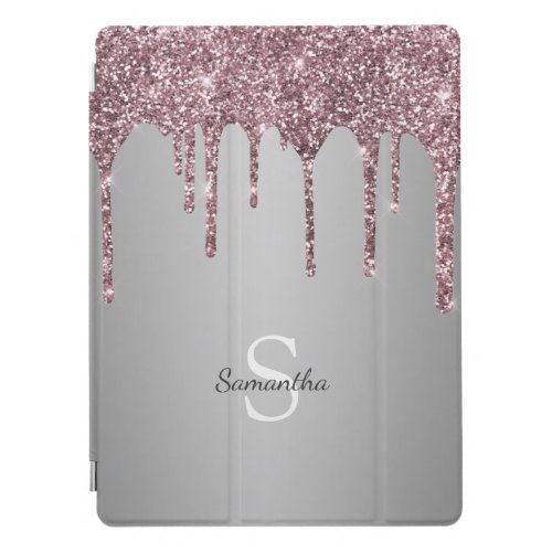 Chic Rose Gold Pink Glitter Drips Silver Monogram iPad Pro Cover