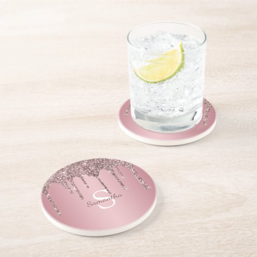 Chic Rose Gold Pink Glitter Drips Sparkle Monogram Coaster