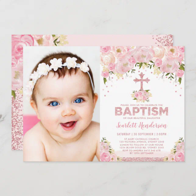 Chic Rose Gold Pink Glitter Floral Baptism Photo Invitation | Zazzle