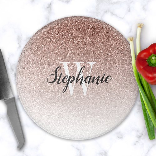 Chic Rose Gold Pink Glitter Ombre Monogram Cutting Board