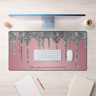 Chic Rose Gold Pink Silver Glitter Drips Custom Desk Mat