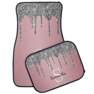 Chic Rose Gold Pink Silver Glitter Drips Monogram Car Floor Mat