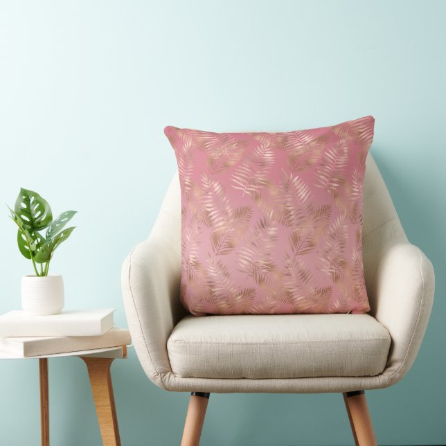 Chic Rose Gold Pink Tropical Leaves Throw Pillow (Chair)