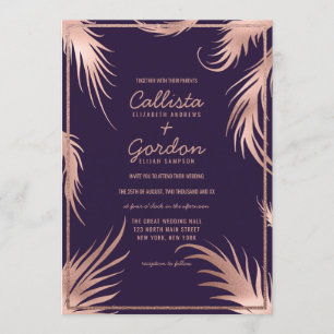Chic Rose Gold Plum Leaf Glitter Border Wedding Invitation