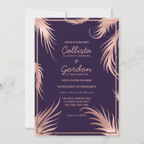 Chic Rose Gold Plum Leaf Glitter Border Wedding Invitation