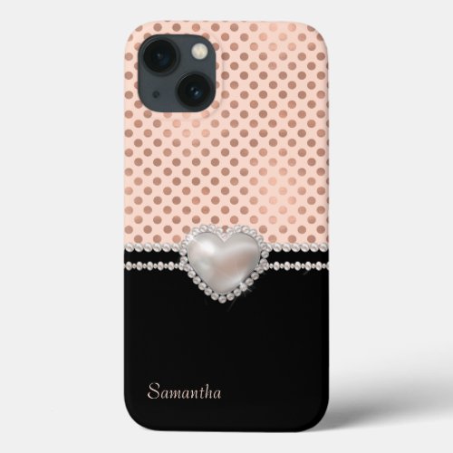 Chic Rose Gold Polka Dots and Pearls iPhone 13 Case