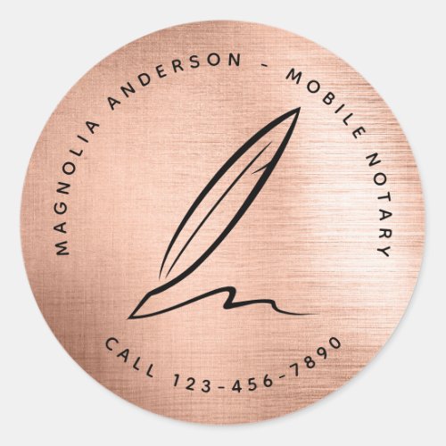 Chic Rose Gold Quill Mobile Notary Classic Round Sticker