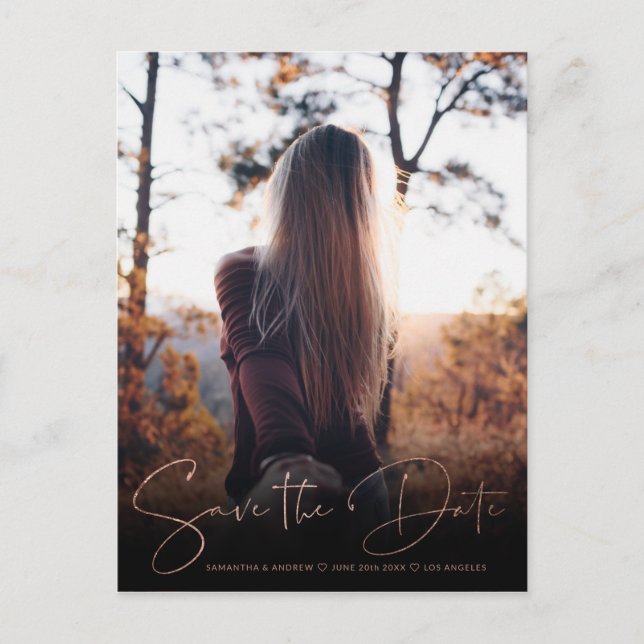Chic rose gold save the date upload your photo announcement postcard (Front)