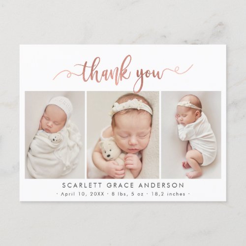 Chic Rose Gold Script Baby Photo Collage Thank You Postcard