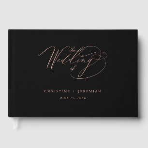 Chic Rose Gold Script Calligraphy Black Wedding Guest Book