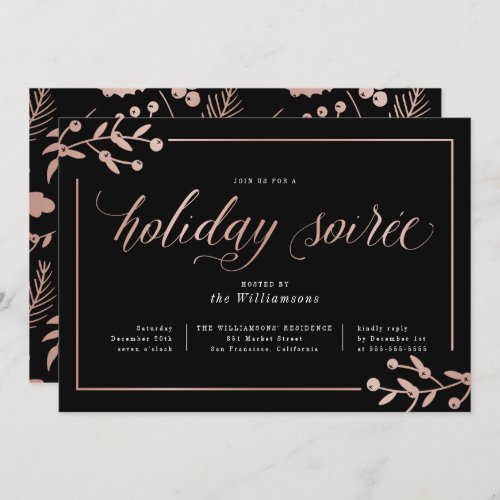 Chic Rose Gold Script Holiday Soire Party Invitation