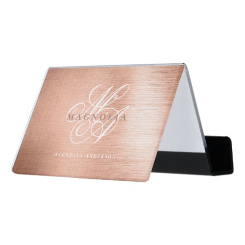 Chic Rose Gold Script Monogram Desk Business Card Holder