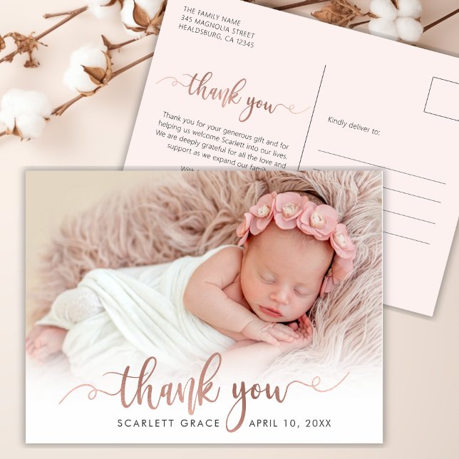 Chic Rose Gold Script Newborn Baby Photo Thank You Postcard (Creator Uploaded)