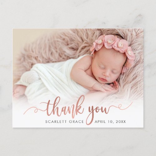 Chic Rose Gold Script Newborn Baby Photo Thank You Postcard