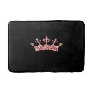 Chic Rose Gold Shimmer Princess Crown on Black Bath Mat