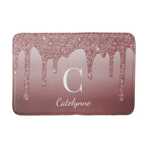 Chic Rose Gold Sparkle Dripping Glitter Monogram Bath Mat