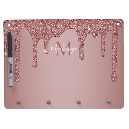 Chic Rose Gold Sparkle Dripping Glitter Monogram Dry Erase Board With Keychain Holder