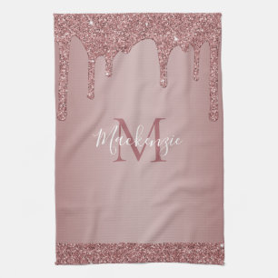 Chic Rose Gold Sparkle Dripping Glitter Monogram Kitchen Towel
