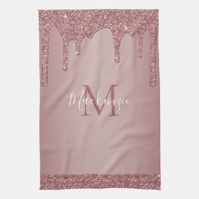 Chic Rose Gold Sparkle Dripping Glitter Monogram Kitchen Towel (Vertical)