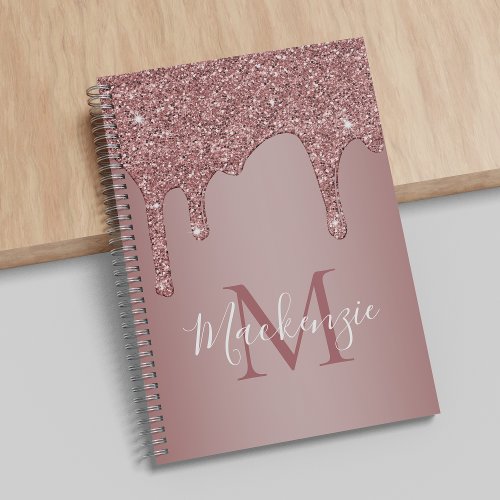 Chic Rose Gold Sparkle Dripping Glitter Monogram Notebook