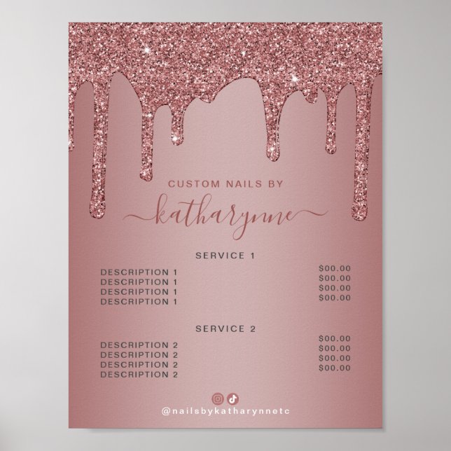 Chic Rose Gold Sparkle Dripping Glitter Price List Poster (Front)