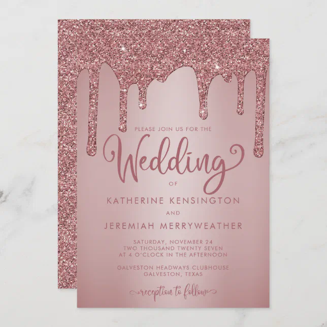 Chic Rose Gold Sparkle Dripping Glitter Wedding Invitation Zazzle