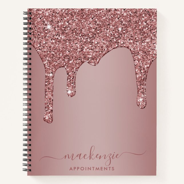 Chic Rose Gold Sparkle Glitter Drips Appointment Notebook (Front)
