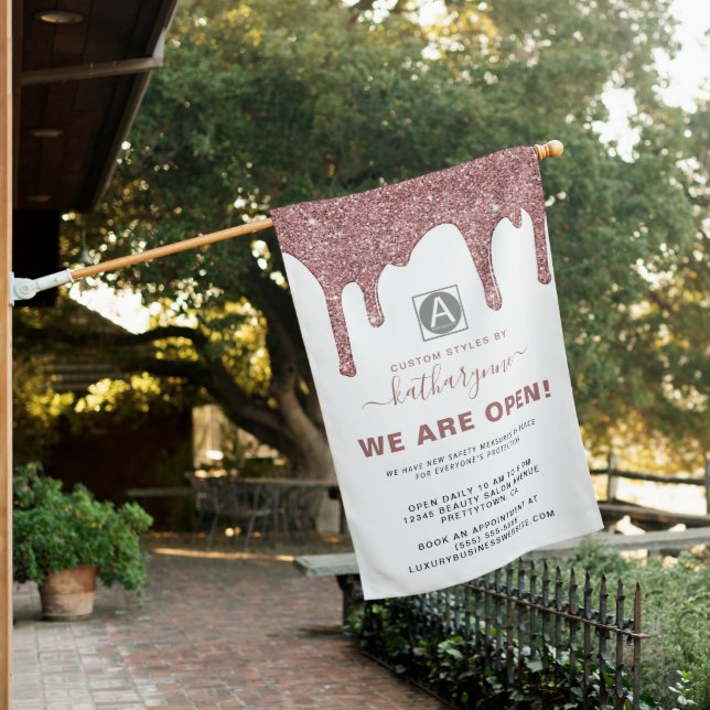 Chic Rose Gold Sparkle Glitter Drips Business House Flag (In SItu)