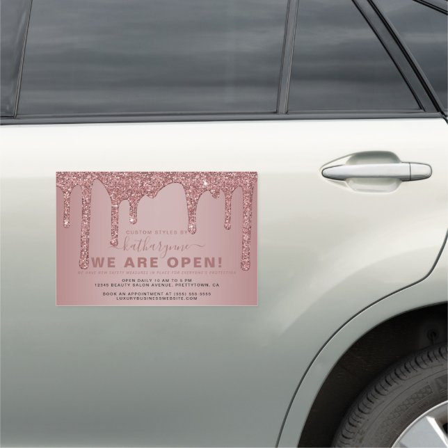 Chic Rose Gold Sparkle Glitter Drips Business Open Car Magnet (In Situ)