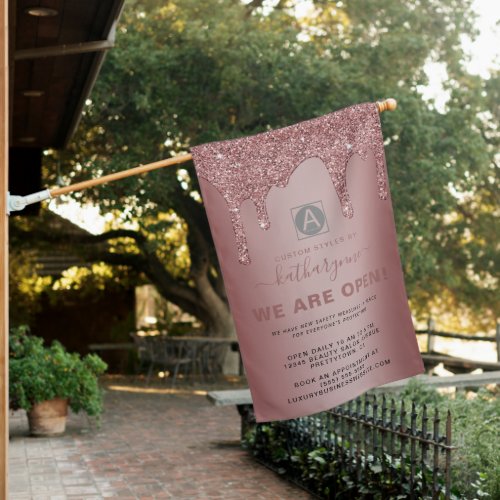 Chic Rose Gold Sparkle Glitter Drips Business Open House Flag