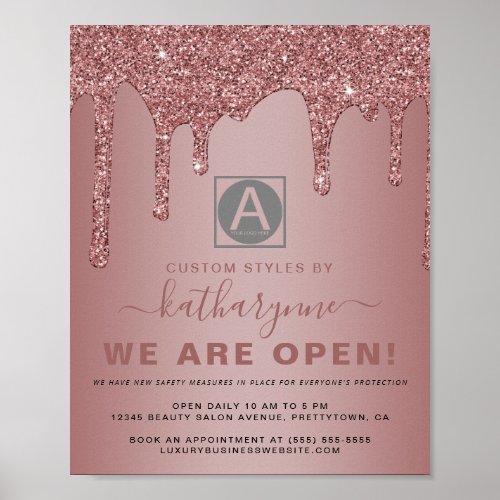 Chic Rose Gold Sparkle Glitter Drips Business Open Poster