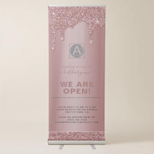 Chic Rose Gold Sparkle Glitter Drips Business Open Retractable Banner