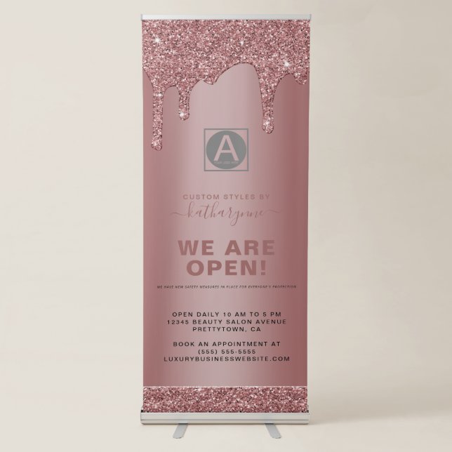 Chic Rose Gold Sparkle Glitter Drips Business Open Retractable Banner (Front)
