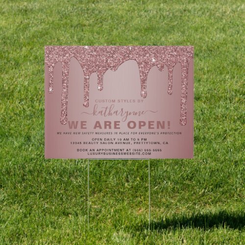 Chic Rose Gold Sparkle Glitter Drips Business Open Sign