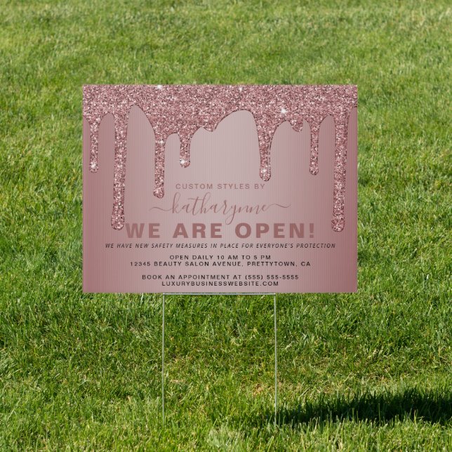 Chic Rose Gold Sparkle Glitter Drips Business Open Sign (Insitu)