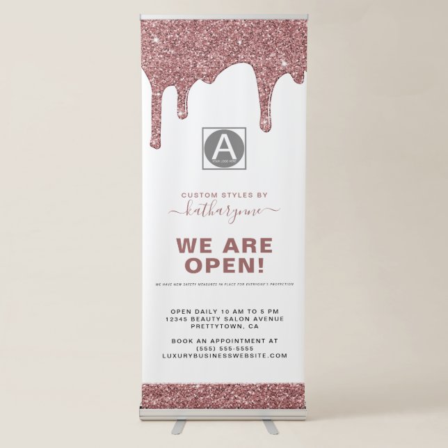 Chic Rose Gold Sparkle Glitter Drips Business Retractable Banner (Front)