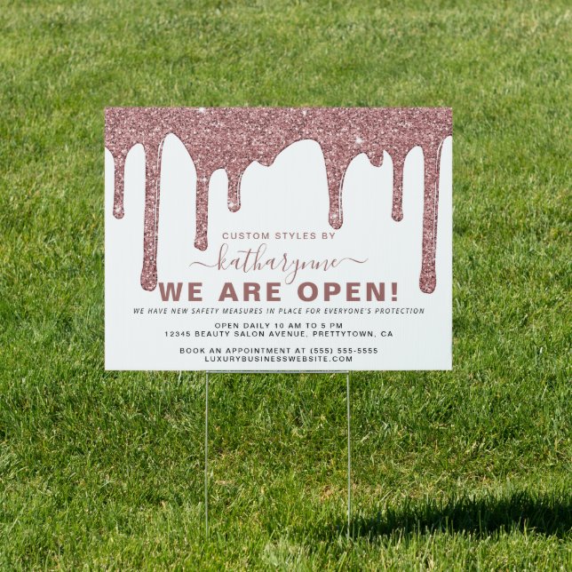Chic Rose Gold Sparkle Glitter Drips Business Sign (Insitu)