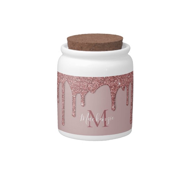 Chic Rose Gold Sparkle Glitter Drips Monogram Candy Jar (Front)