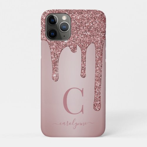 Chic Rose Gold Sparkle Glitter Drips Monogram iPhone 11 Pro Case
