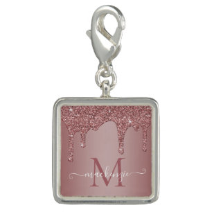Chic Rose Gold Sparkle Glitter Drips Monogram Charm