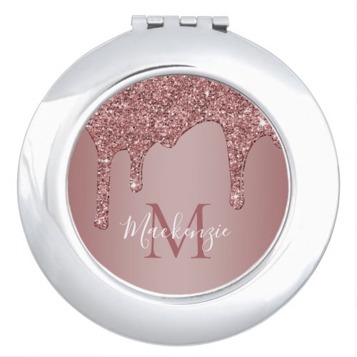 Chic Rose Gold Sparkle Glitter Drips Monogram Compact Mirror