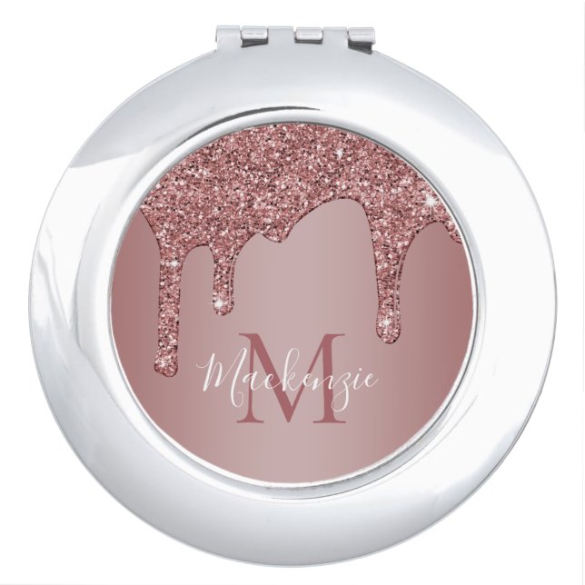 Chic Rose Gold Sparkle Glitter Drips Monogram Compact Mirror (Front)