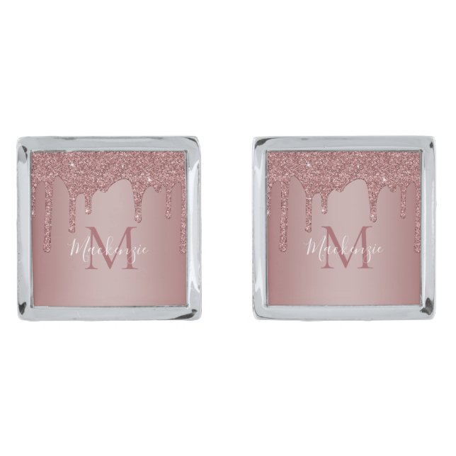 Chic Rose Gold Sparkle Glitter Drips Monogram Cufflinks (Front)