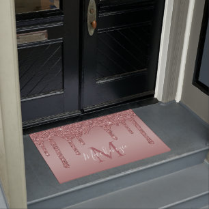 Chic Rose Gold Sparkle Glitter Drips Monogram Doormat