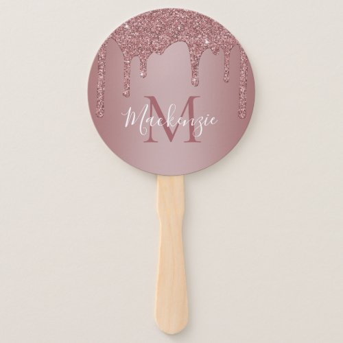 Chic Rose Gold Sparkle Glitter Drips Monogram Hand Fan