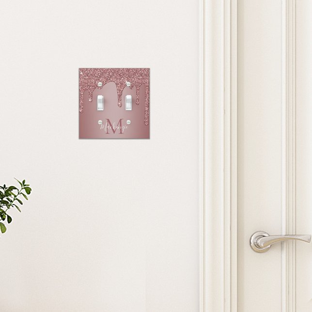 Chic Rose Gold Sparkle Glitter Drips Monogram Light Switch Cover (Creator Uploaded)